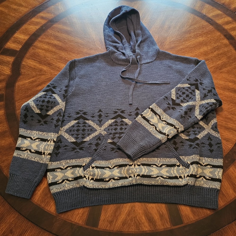 Lucky Brand Blue, Black and Cream Men's Cotton Hooded Sweater XL